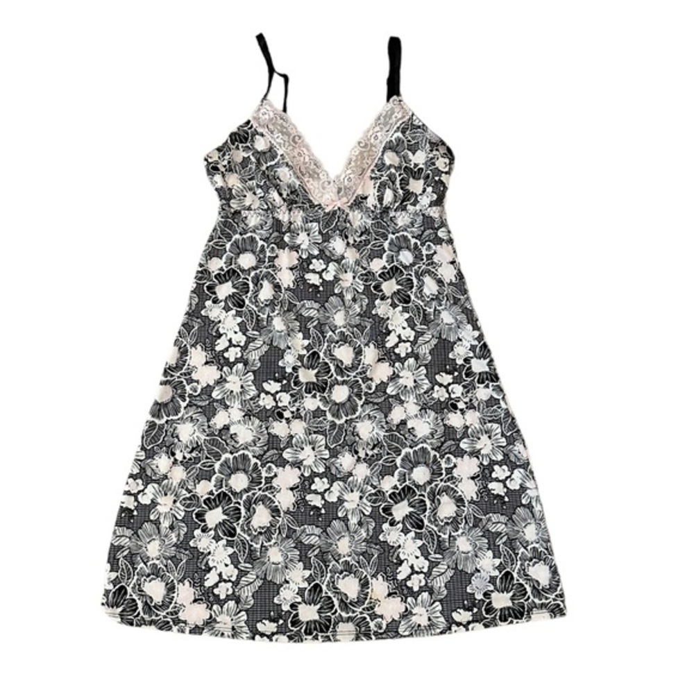 Laura Ashley Black & White Floral Lace-Trim Chemise